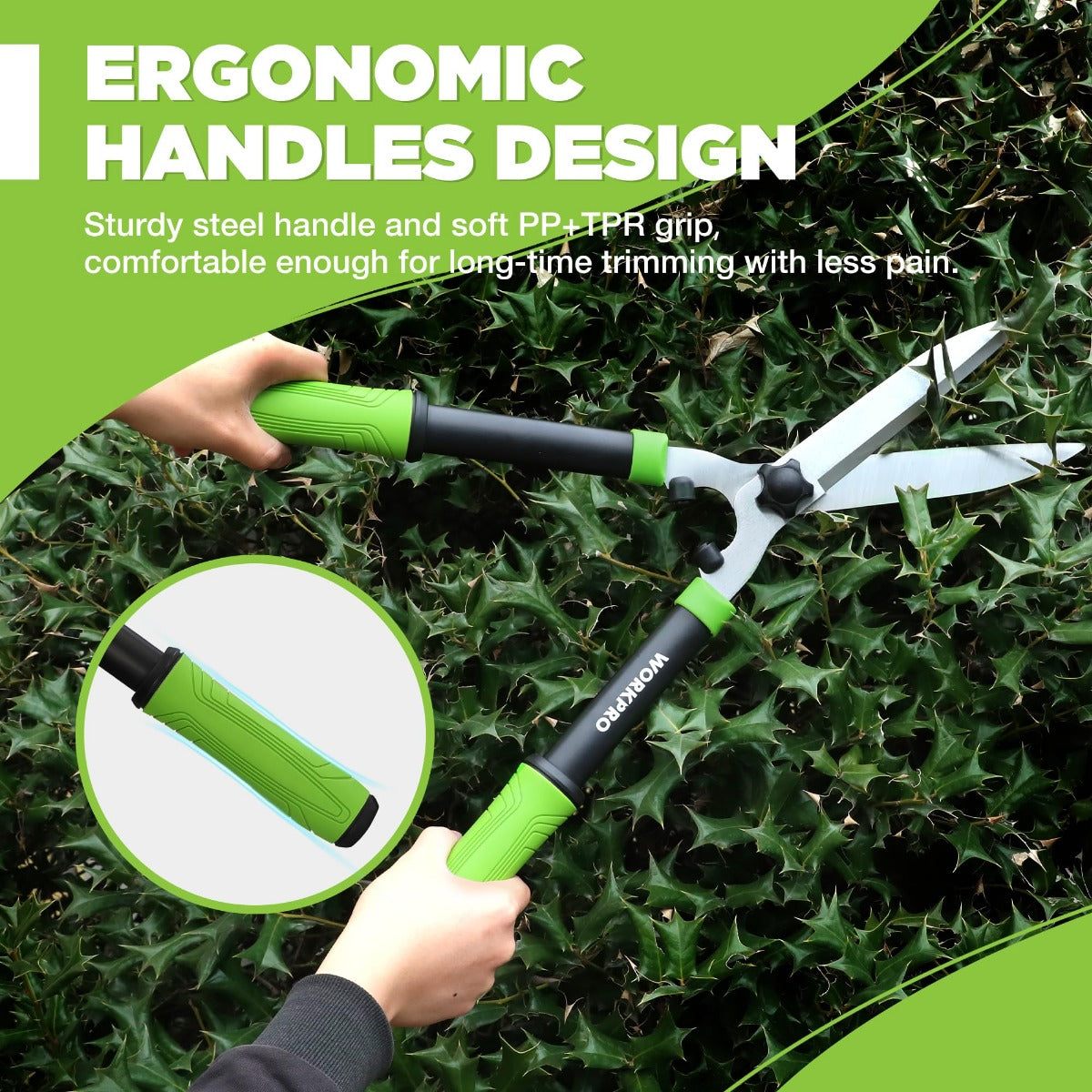 Manual hedge shears with textured green grip handles and long blades