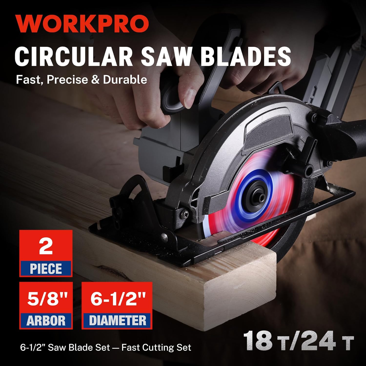 WORKPRO circular saw blade set on a saw, 6-1/2 in 18T/24T