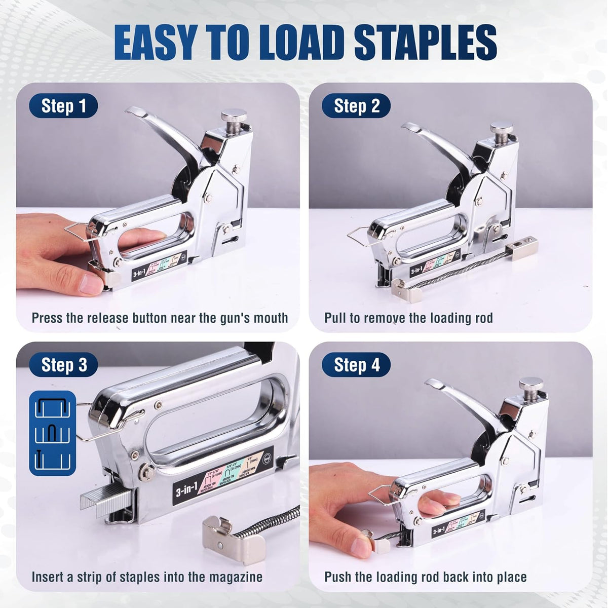 Manual staple gun showing loading steps for inserting staples into the magazine