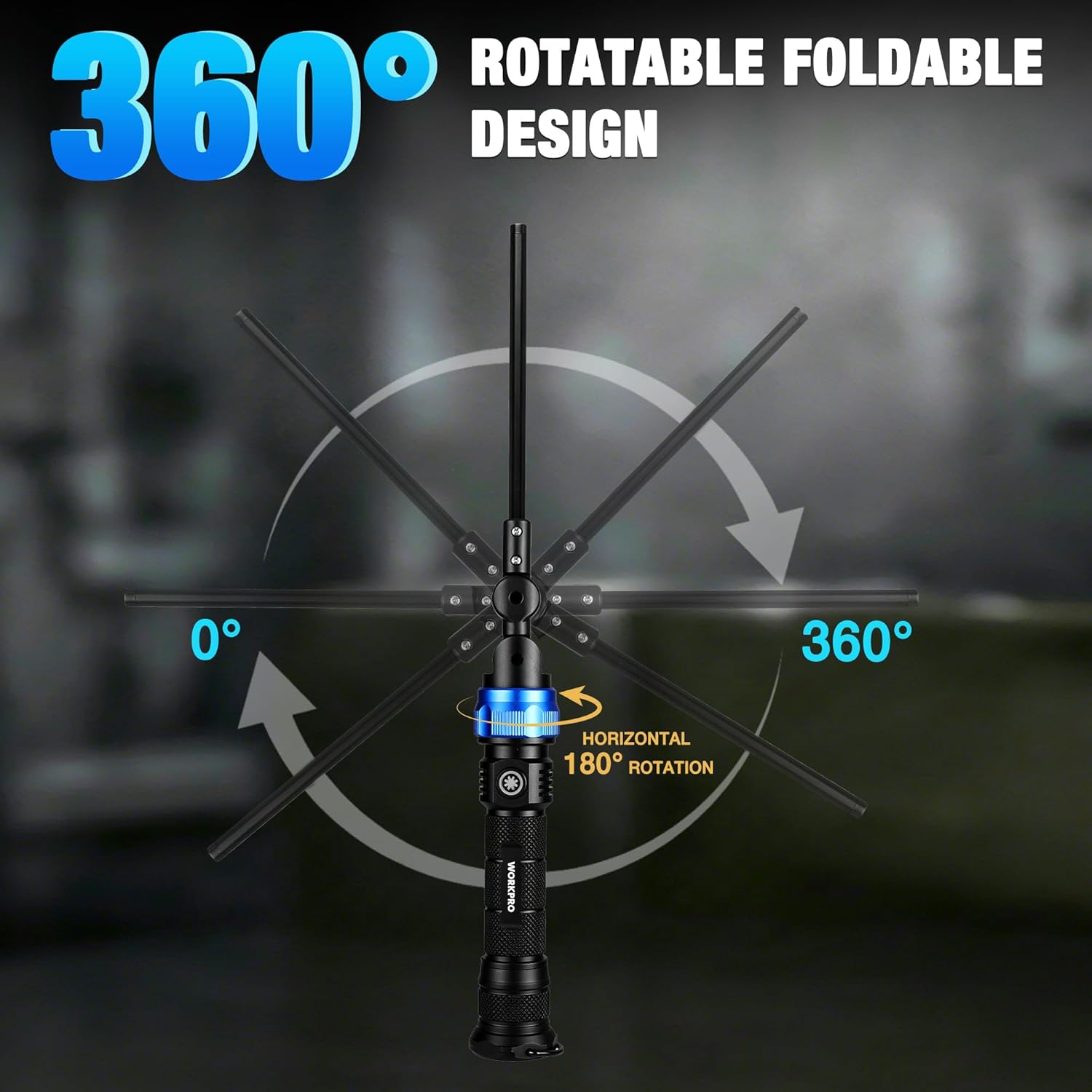 Rotatable foldable LED work light with 360-degree adjustable lamp head on a black handle.