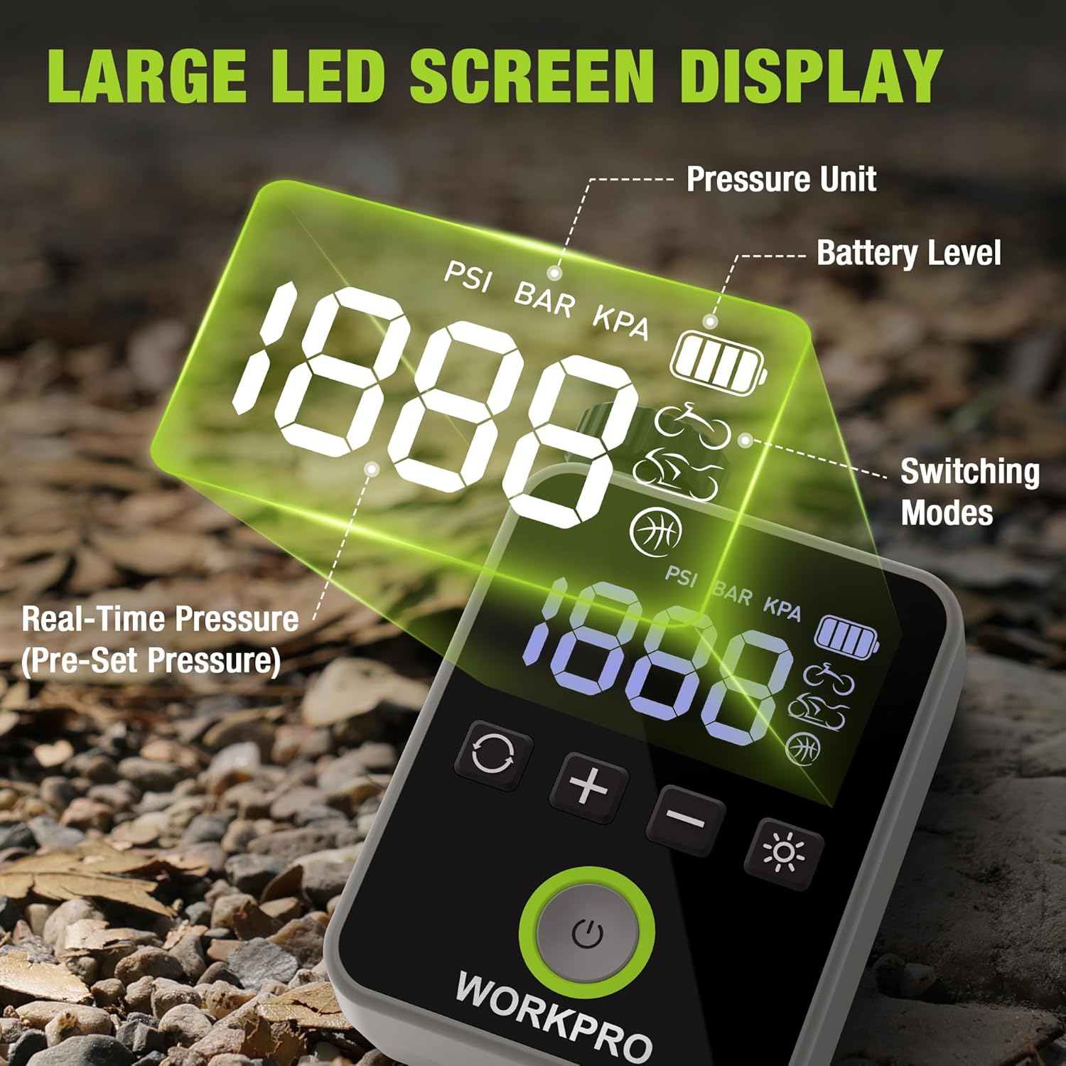 WORKPRO pump with large digital pressure display and control buttons on black housing