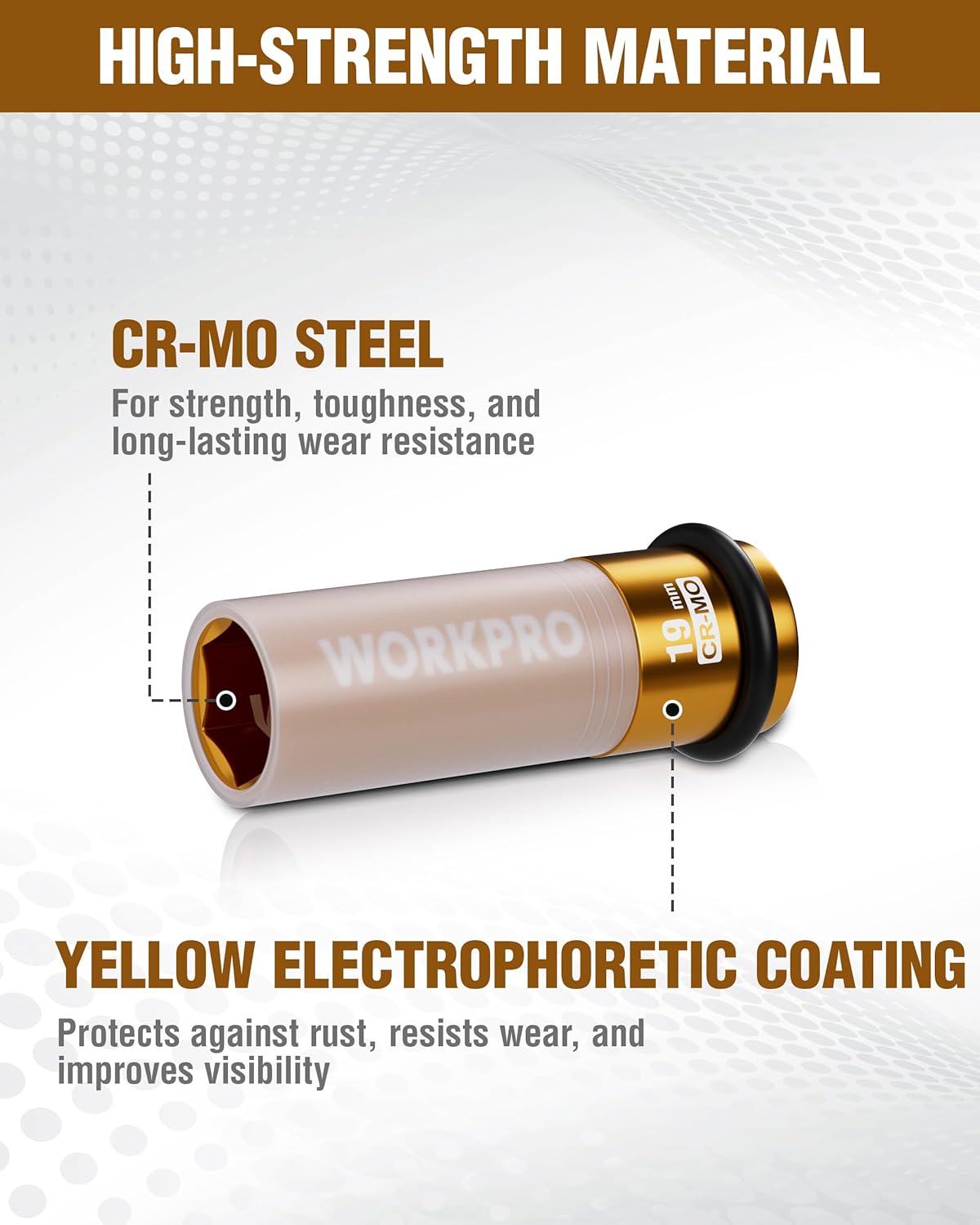 CR-Mo steel 19mm lug nut impact socket with yellow protective coating
