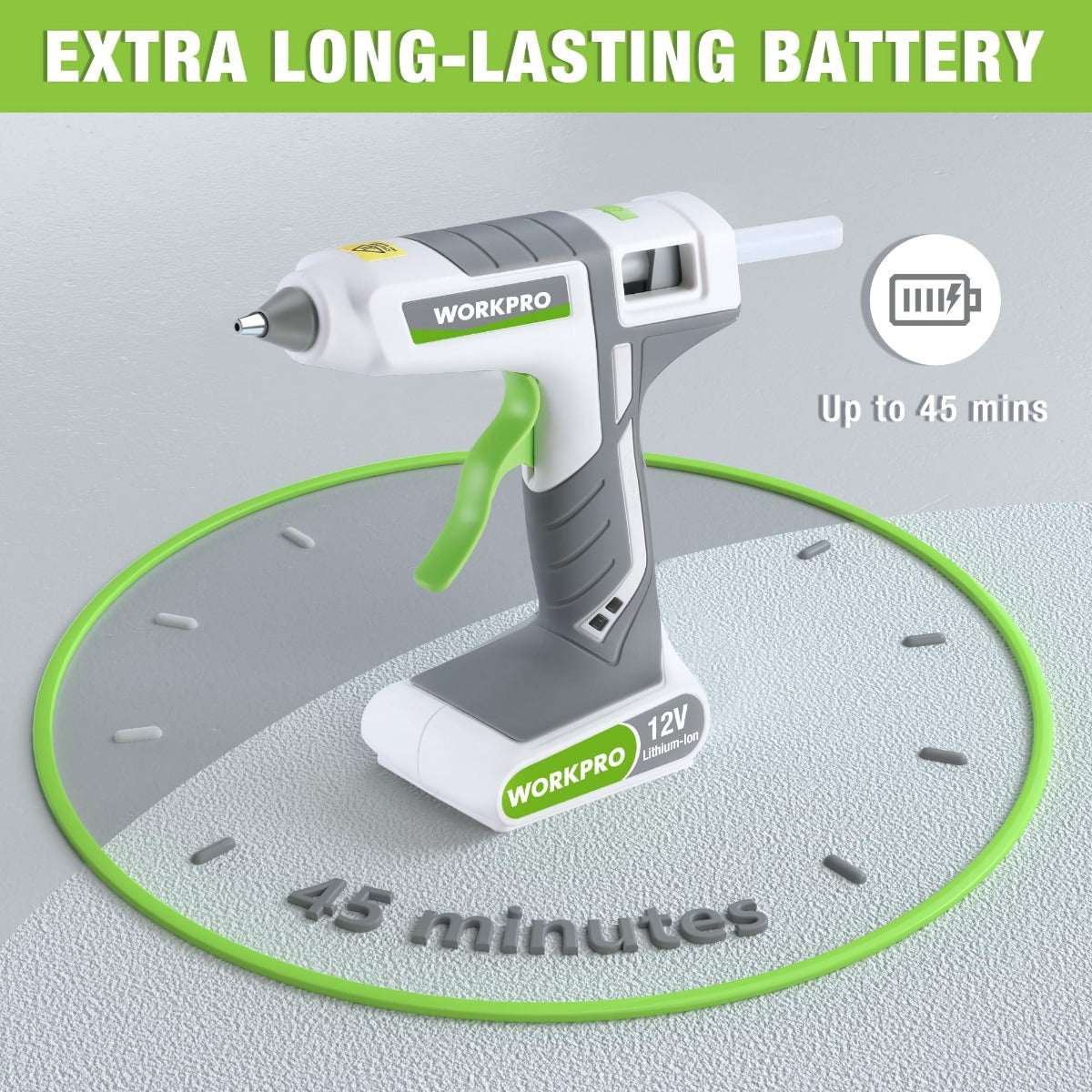 White 12V rechargeable hot melt glue gun with green accents on charging base