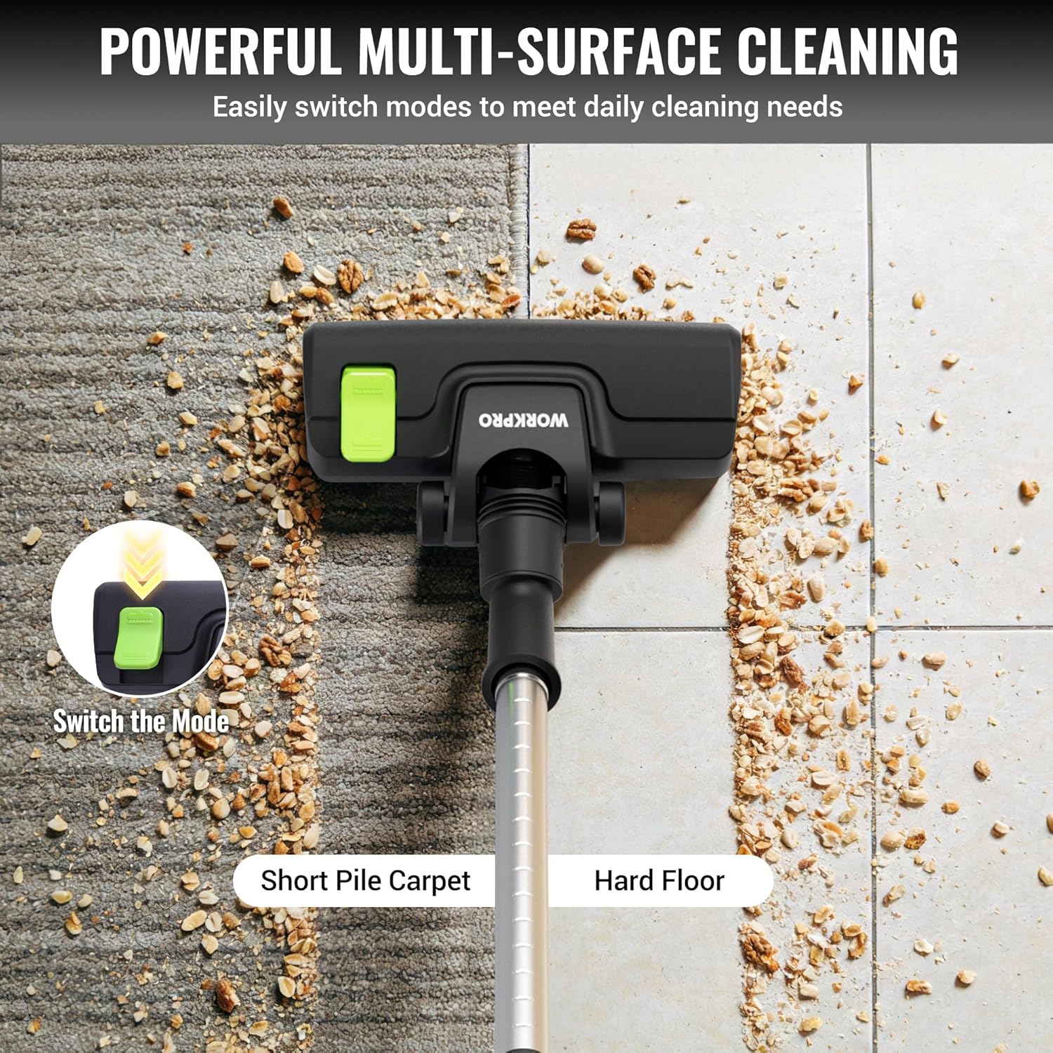 WORKPRO vacuum floor nozzle with green mode switch on textured carpet.