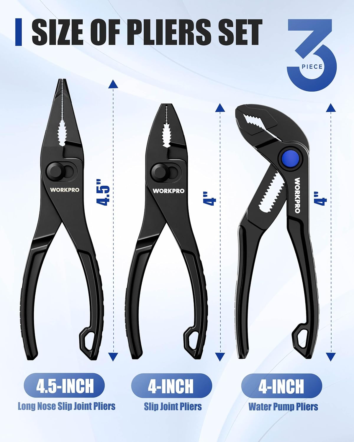 WORKPRO 3-piece mini pliers set with 4-inch water pump and slip-joint pliers