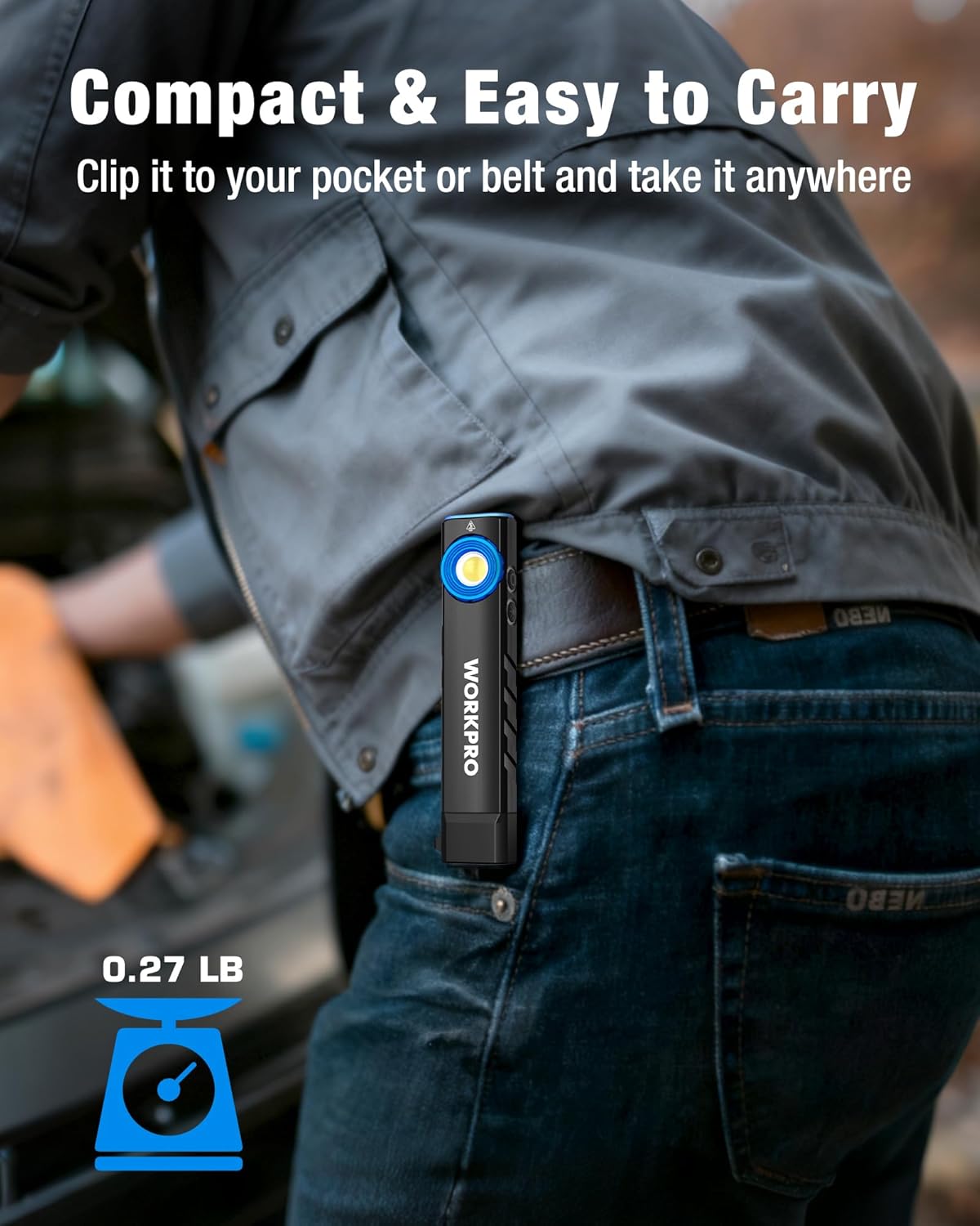 Slim pocket clip rechargeable flashlight with blue light indicator on a black body