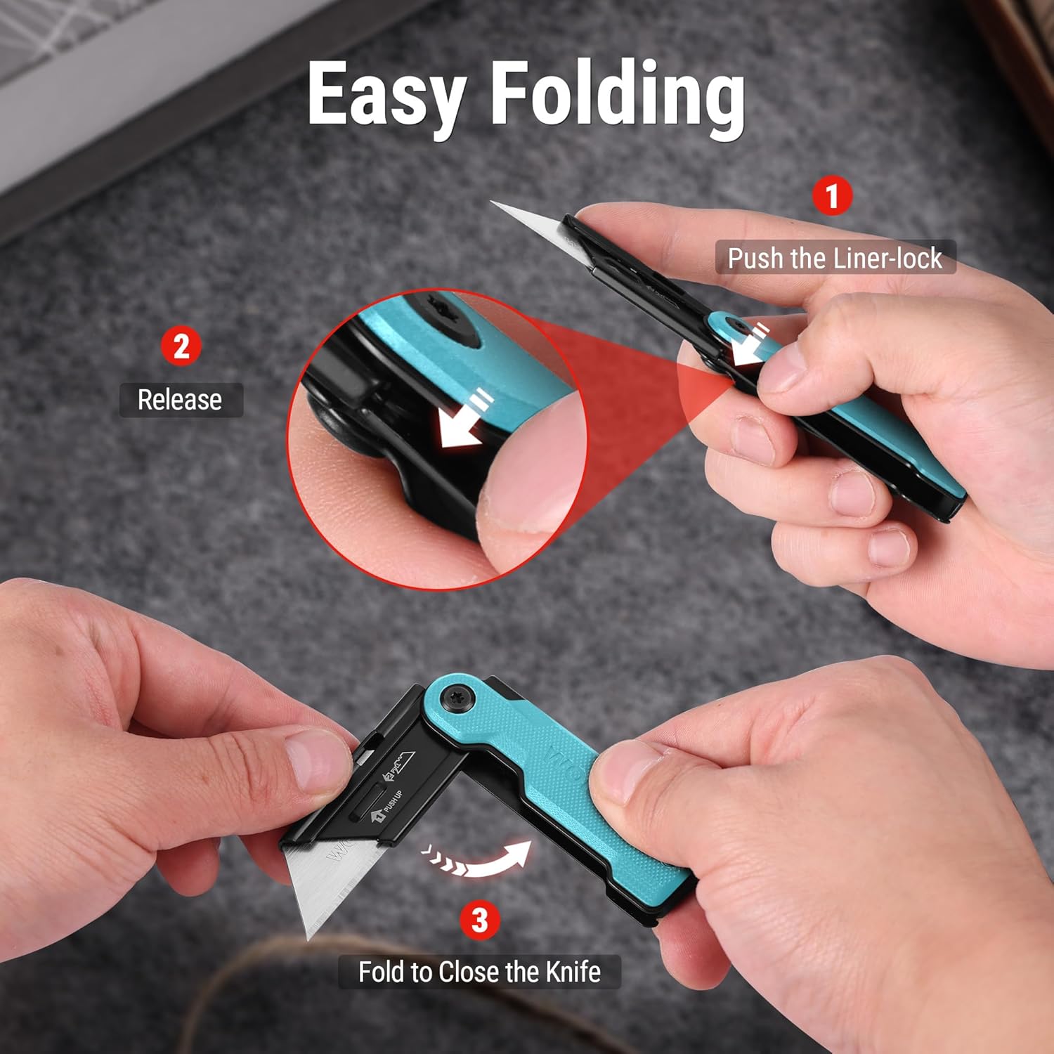 Folding utility knife with blue handle, liner-lock shown, blade deployed