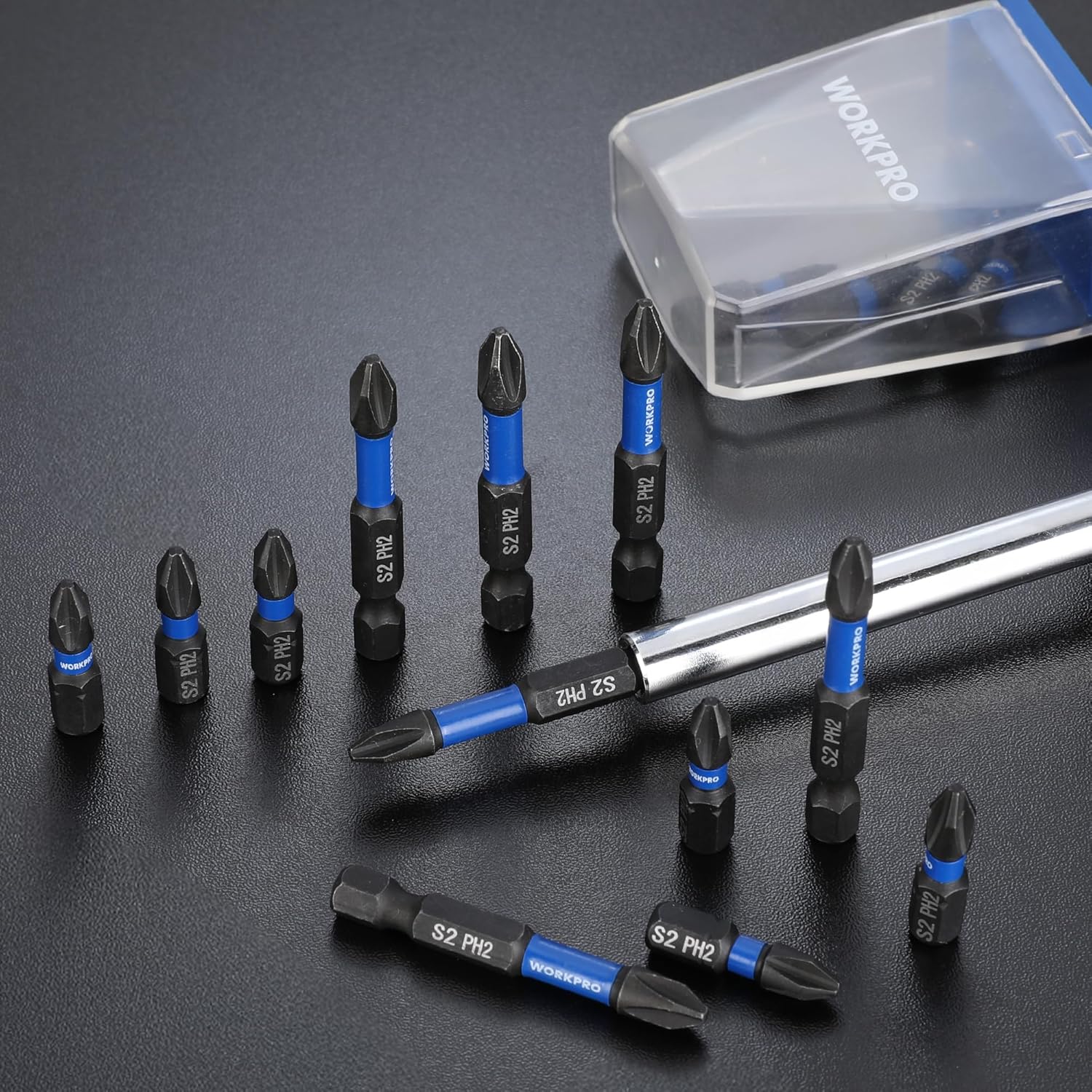 Assorted PH2 impact bits with blue collars laid out around a clear storage case