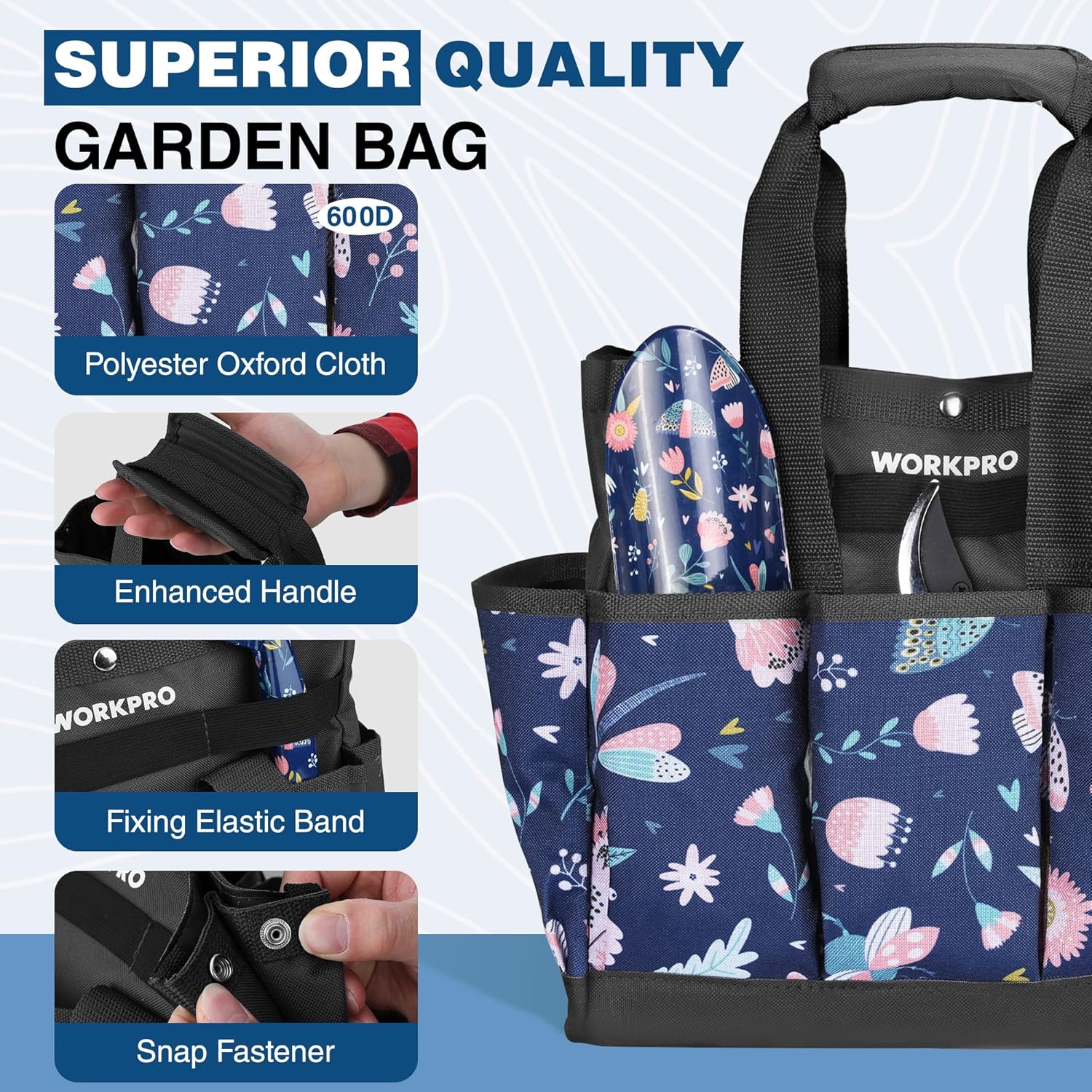 Garden tool bag with blue floral fabric, black handle straps and snap front pockets