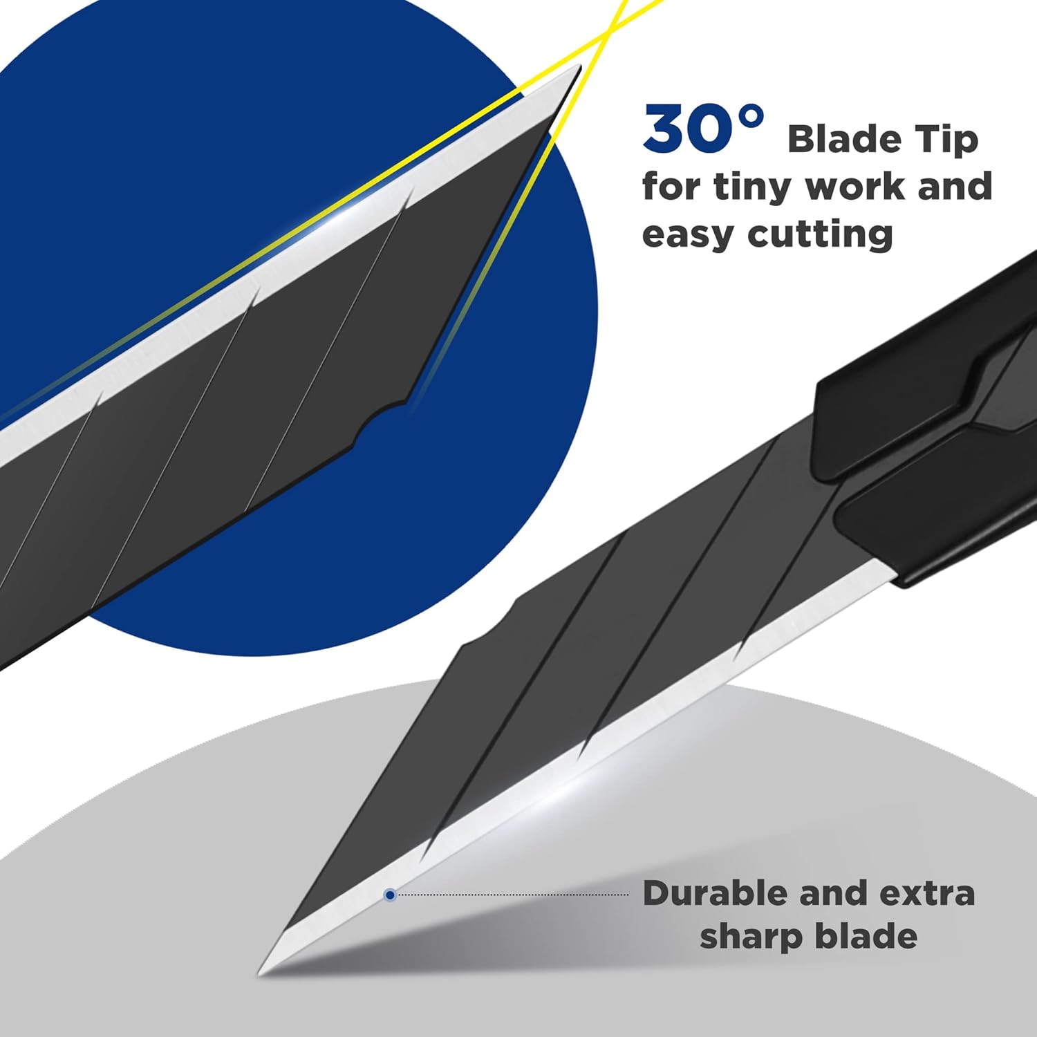 Close-up retractable blade tip from a black utility knife, showing sharp snap-off edge