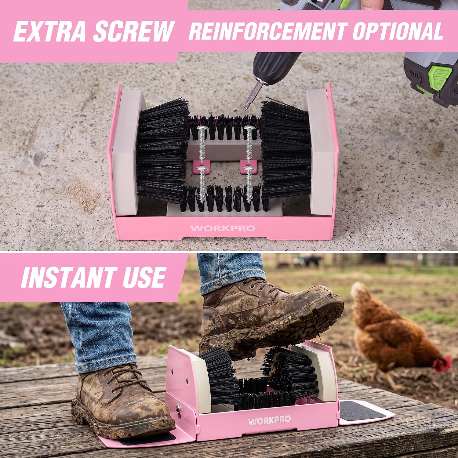 WORKPRO Boot Cleaner, Heavy Duty Shoe Boot Scrubber & Brush Outdoor, Pink