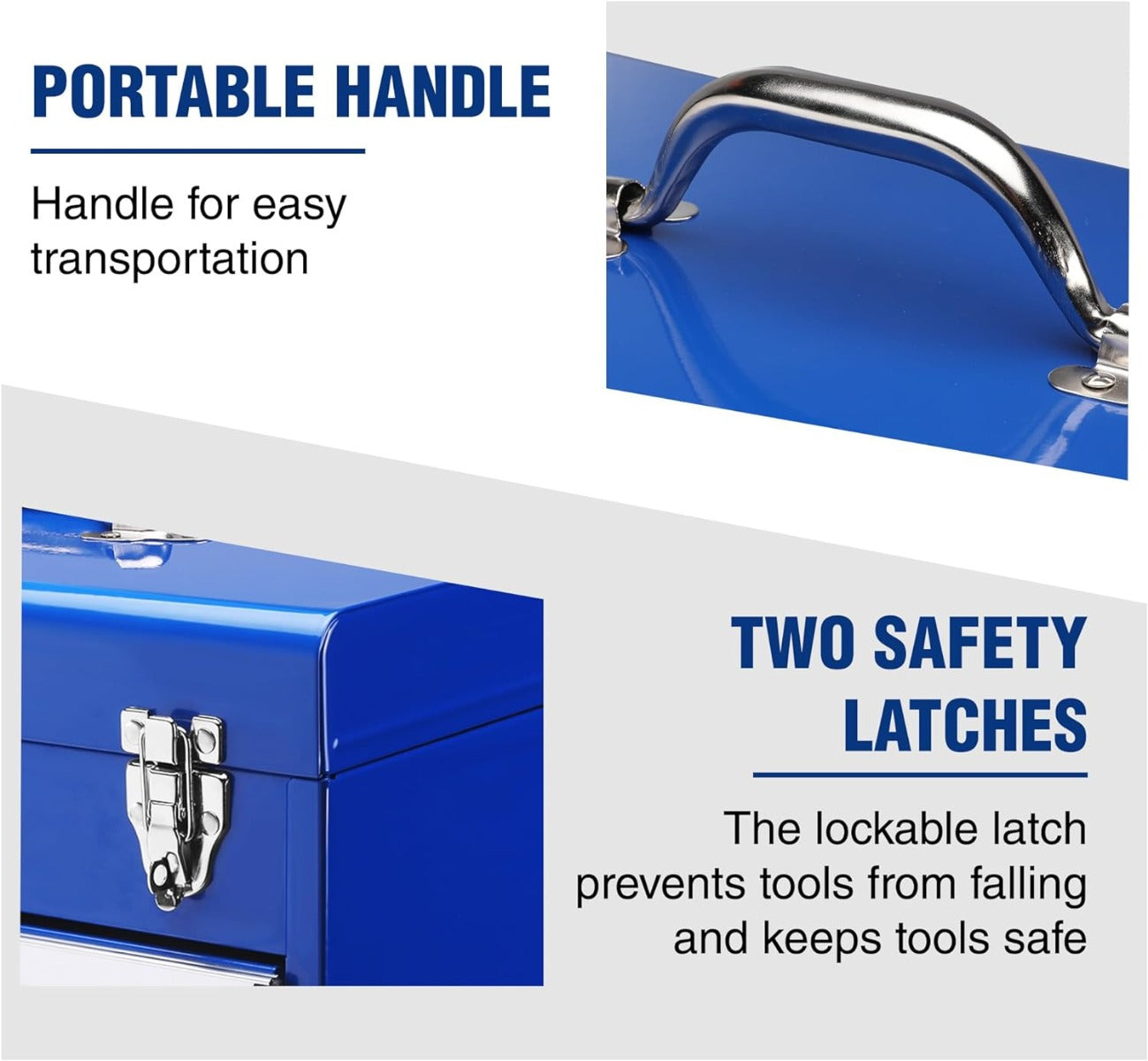 Blue metal tool box with arched carry handle and two front safety latch locks