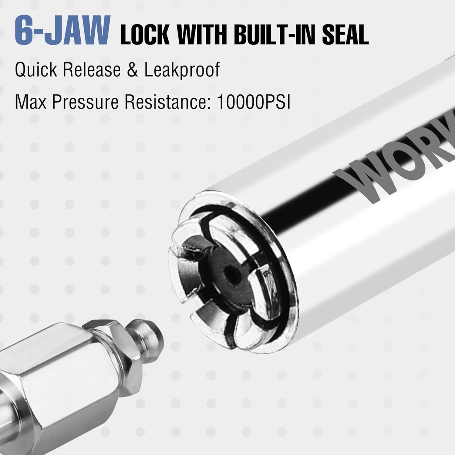 Quick-release grease coupler end with 6-jaw lock and built-in seal