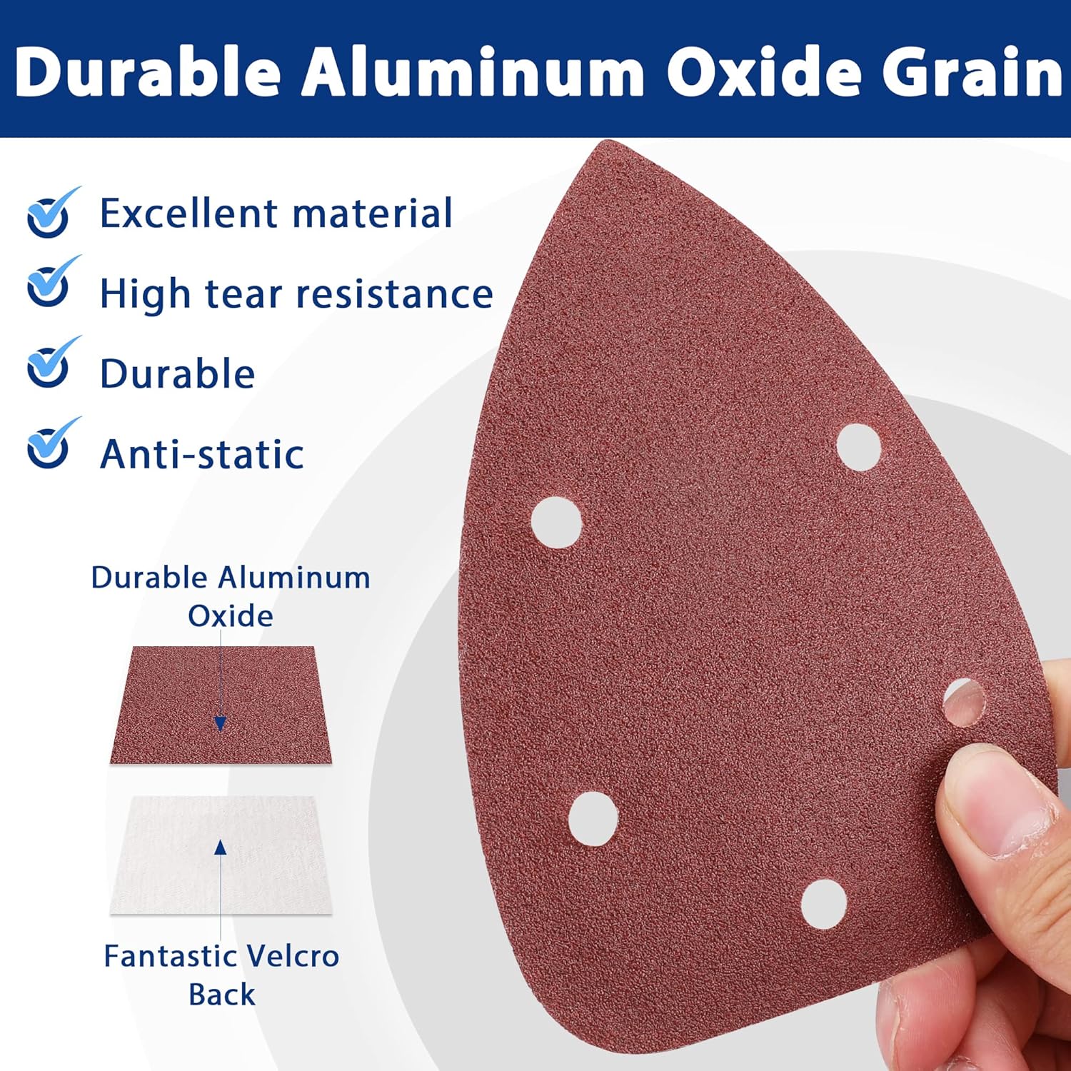 Red triangular sanding pad with 5 holes and hook-and-loop backing for detail mouse sanding