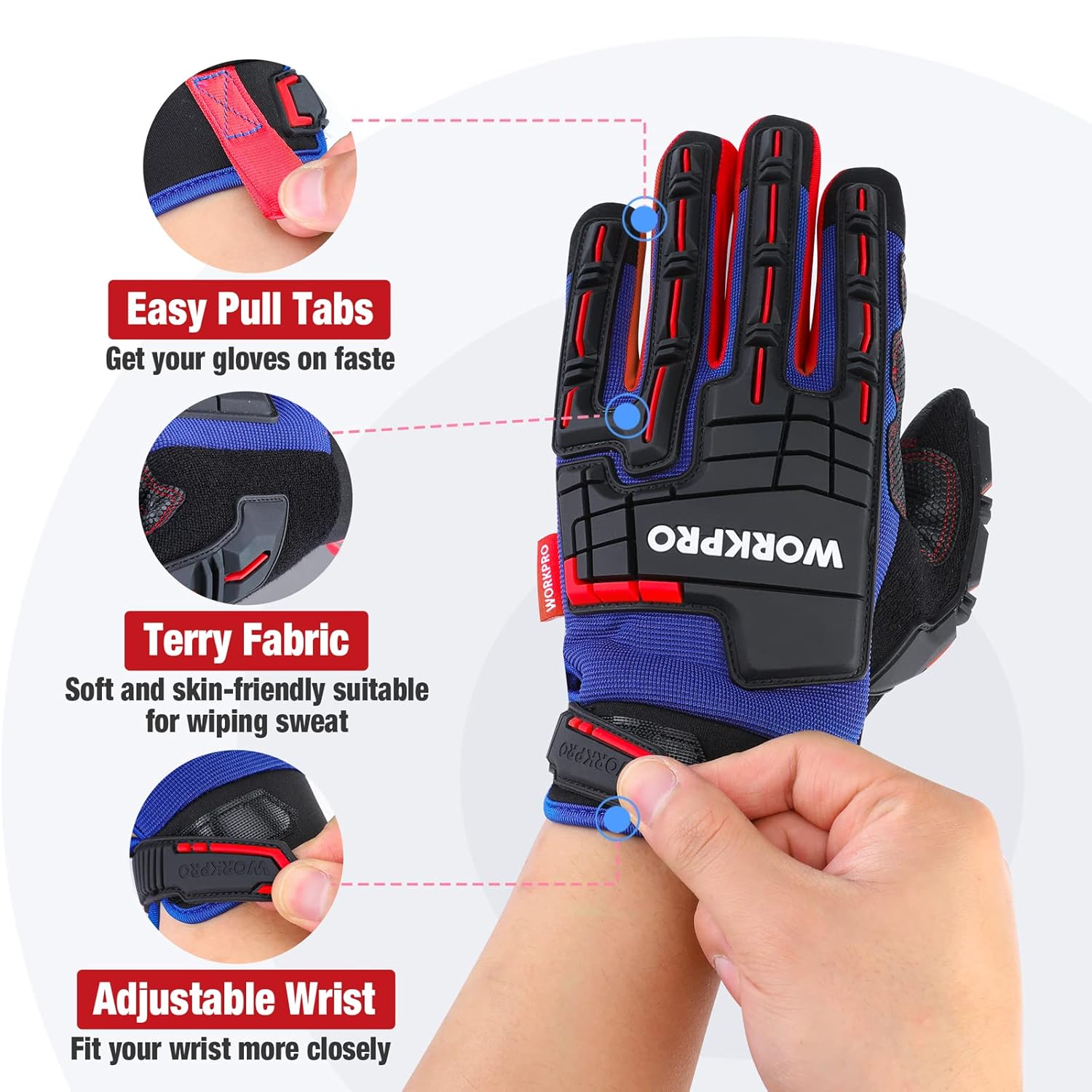Work gloves with easy-pull tabs, terry palm fabric, and adjustable wrist in black/blue/red.