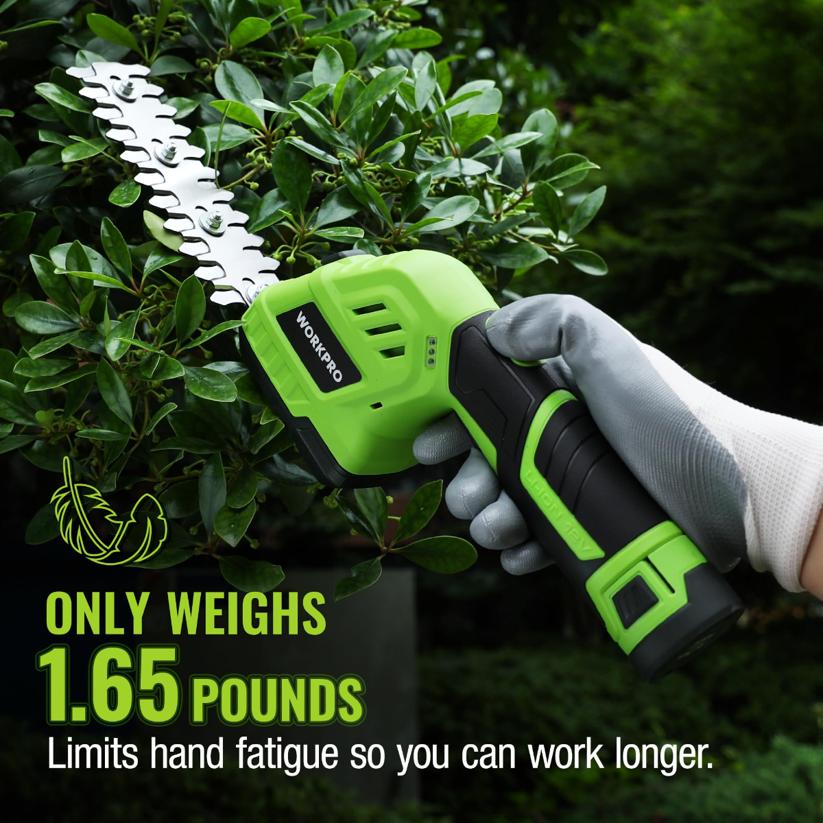 Cordless hedge trimmer in gloved hand trimming shrubs, lime green and black