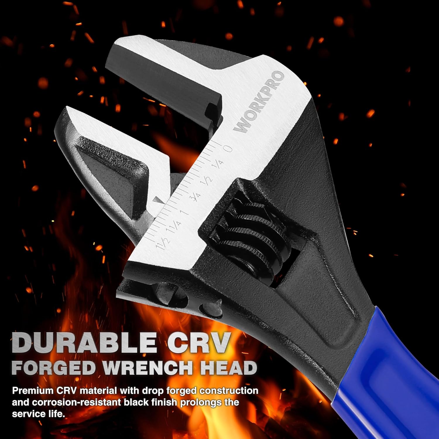 Adjustable wrench with black oxide head and blue ergonomic handle