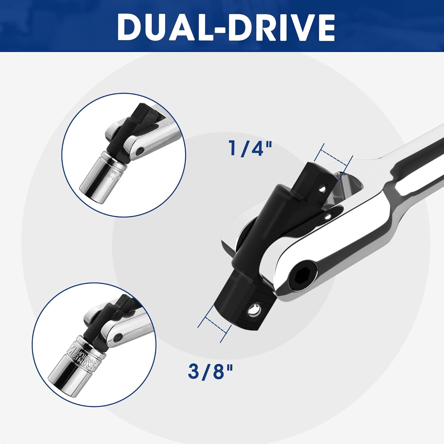 Dual-drive breaker bar head showing 1/4 in and 3/8 in sockets with detent