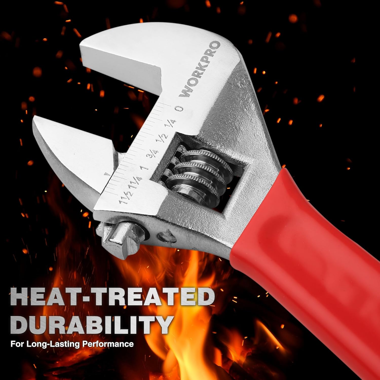 Red-handled adjustable wrench with chrome-plated head and heat-treated steel