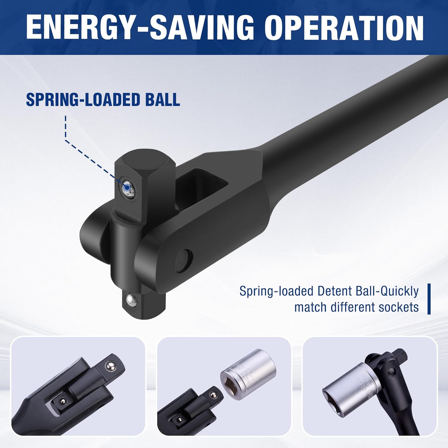 Spring-loaded detent ball breaker bar with black head and 360° flex drive