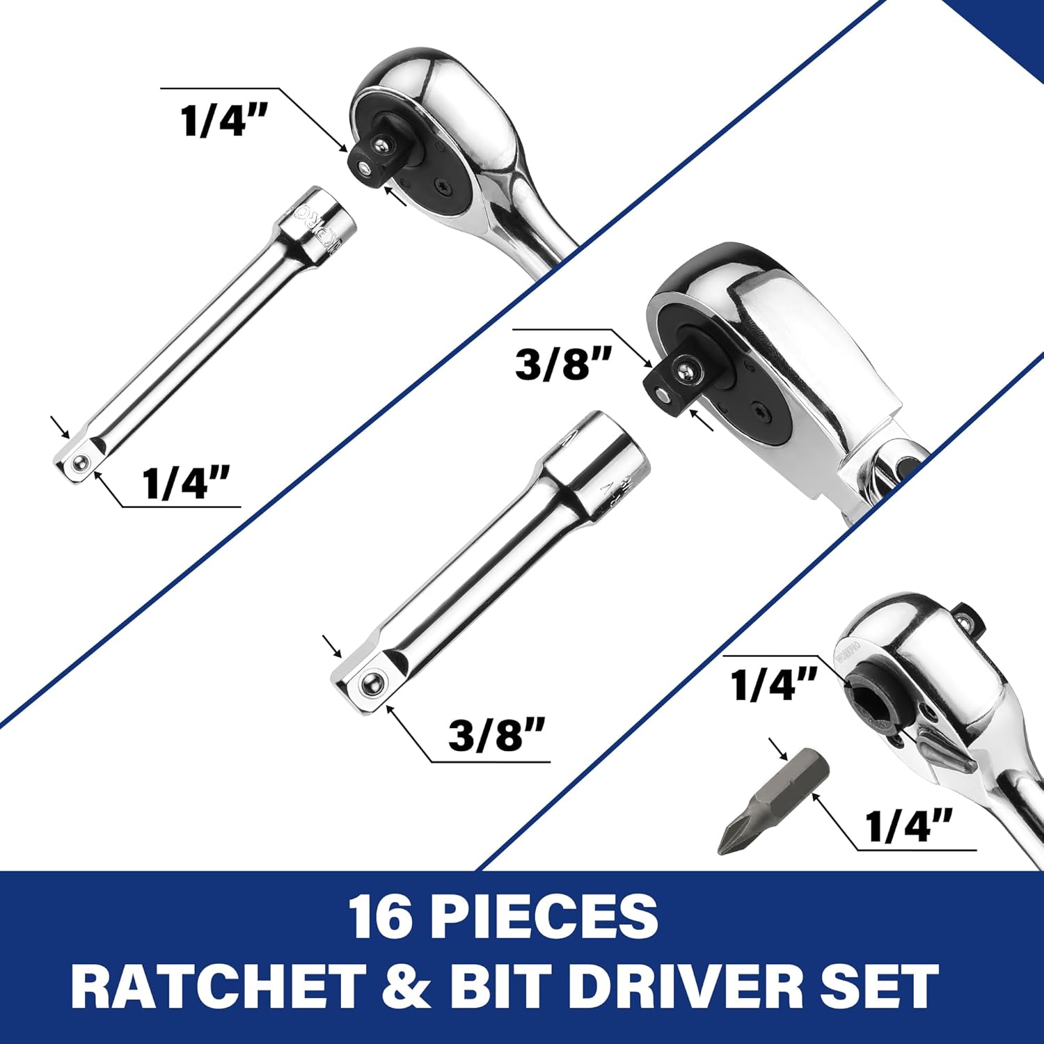 Flex head ratchet & bit driver set with sockets, adapters, extension bars, and hex bits