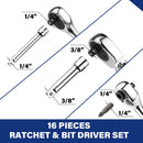 WORKPRO Flex Head Stubby Ratchet & Bit Driver Set 16 PCS, 1/4", 3/8" Drive Ratchet Handle Wrench, 72-T Quick-Release Reversible Socket Wrench, 2 Socket Adapters, 2 Extension Bars, 10 PCS 1/4" Hex Bits