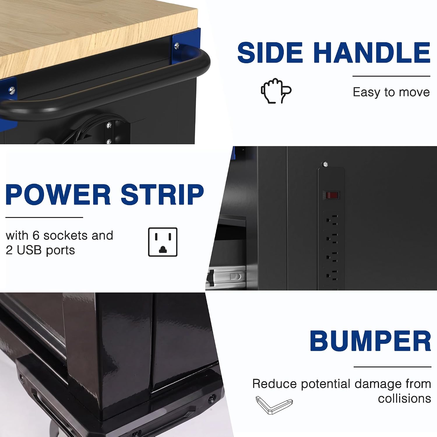 Rolling tool chest close-up: side handle, power strip outlets, and door bumper
