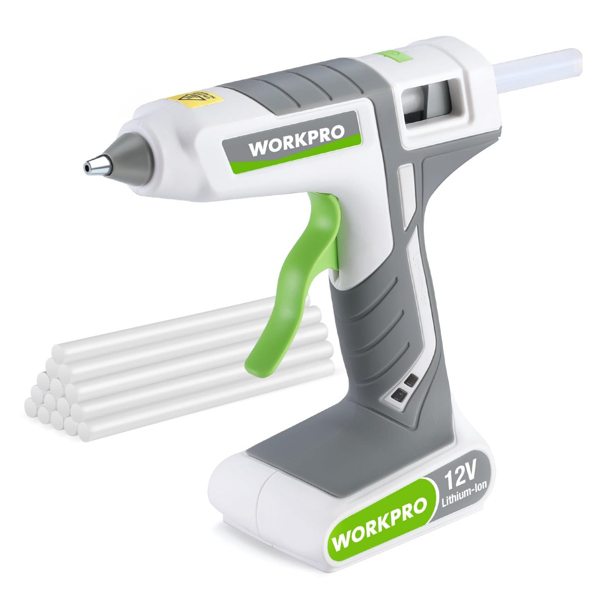 White 12V cordless hot melt glue gun with green grip and clear glue sticks