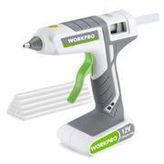 White 12V cordless hot melt glue gun with green grip and clear glue sticks