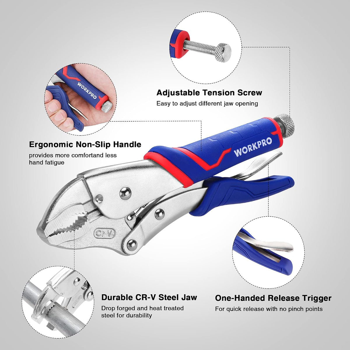 WORKPRO 4-Piece Locking Pliers Set with Comfortable Grip, 5-1/2", 7" and 9" Curved Jaw Locking Pliers, 6-1/2" Long Nose Locking with Storage Bag, Blue&red