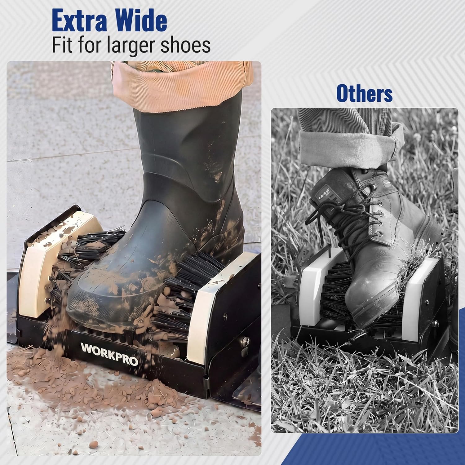 Extra wide shoe cleaning boot scrubber brush with black bristles on a base