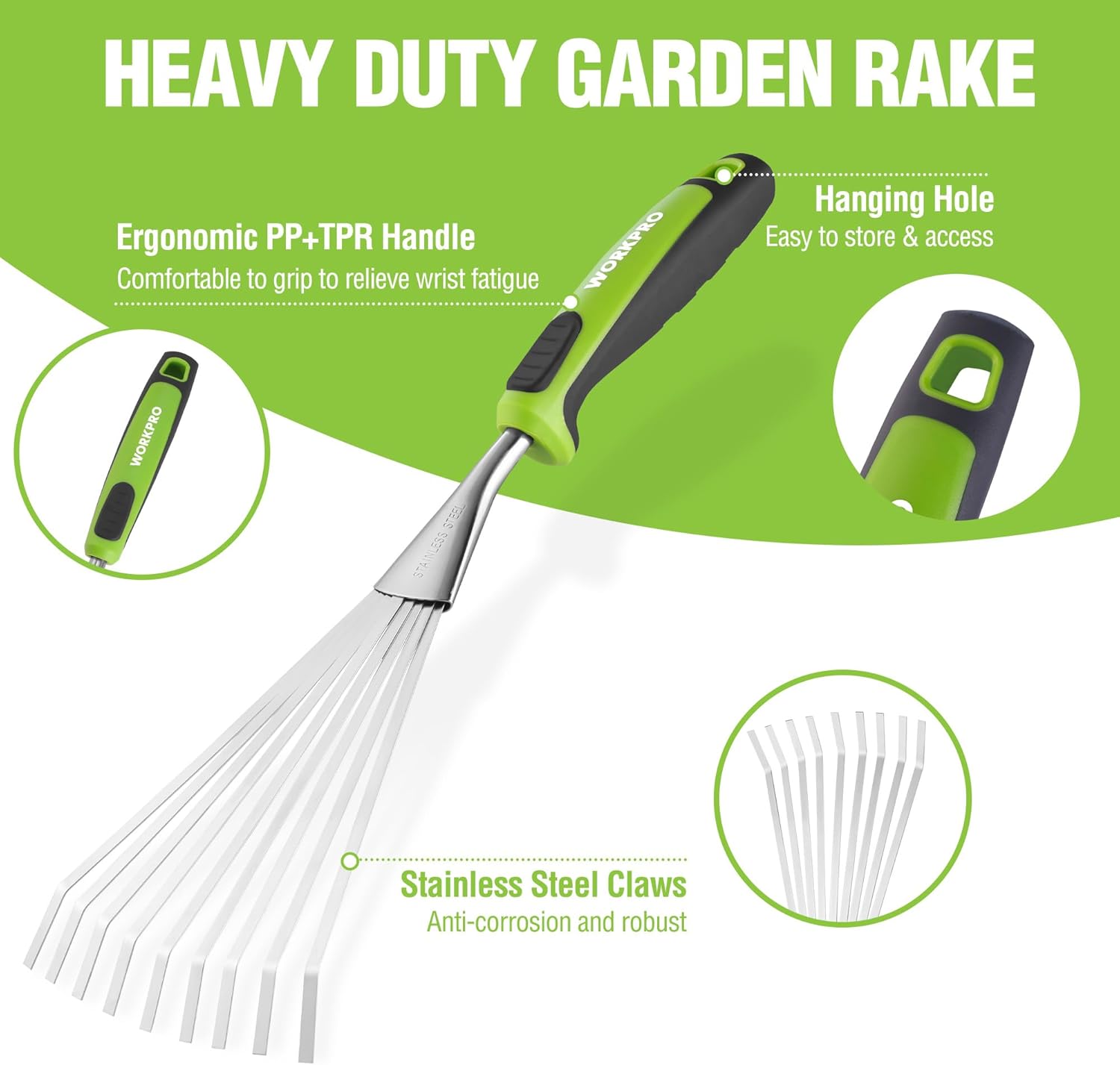 Heavy-duty garden hand rake with hanging hole and stainless steel tines