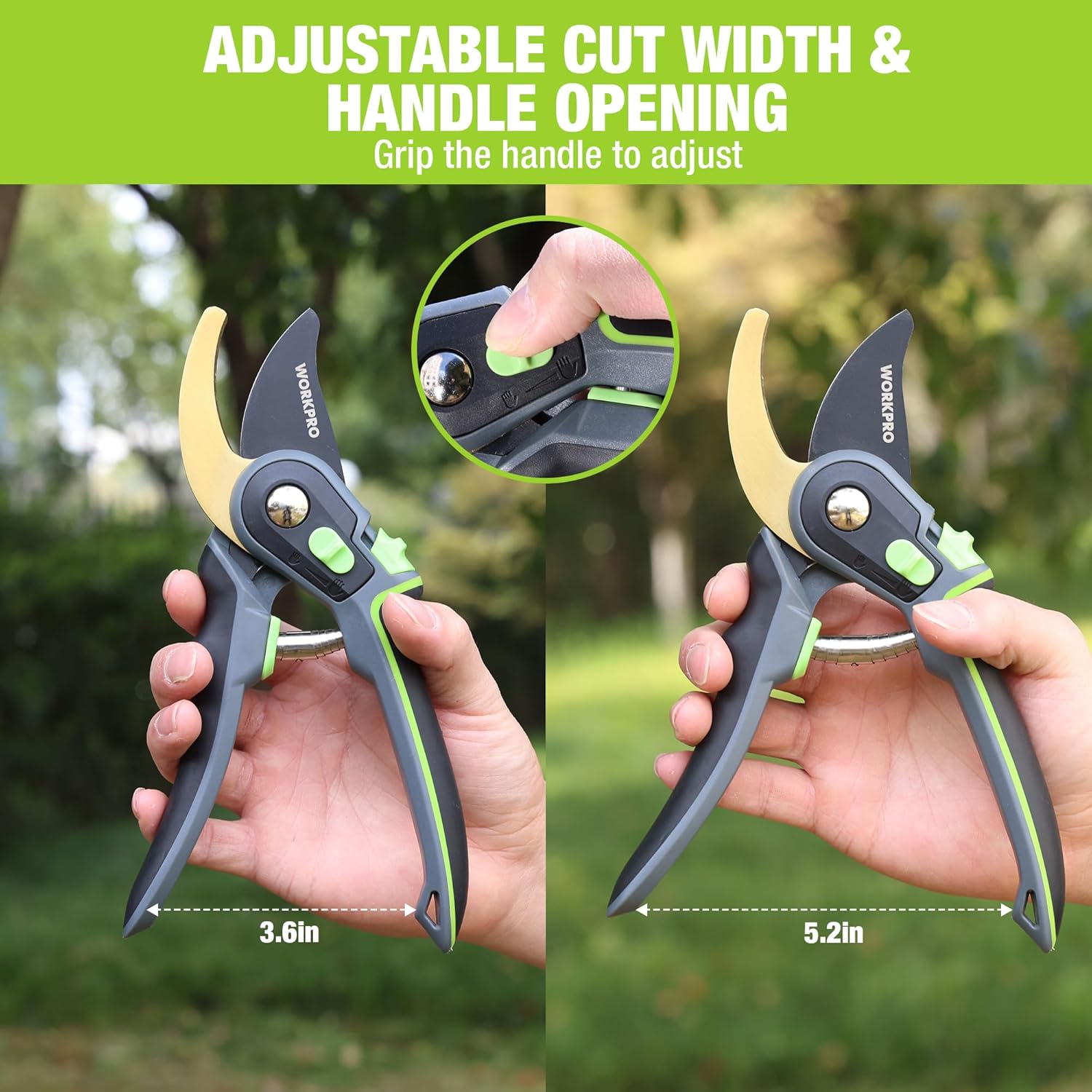 Pruning shears with adjustable cut width handle opening, black-and-green handles in two positions