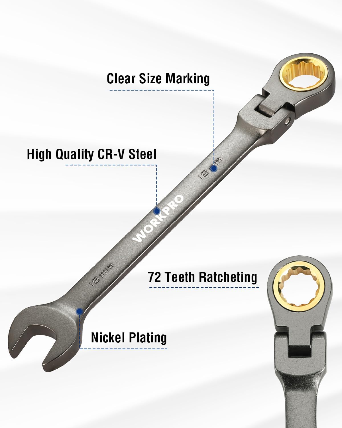 18mm nickel-plated flex-head ratcheting combination wrench, 12-point box, 72 teeth