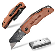 Folding utility knife with brown wood handle and black frame, open and closed view