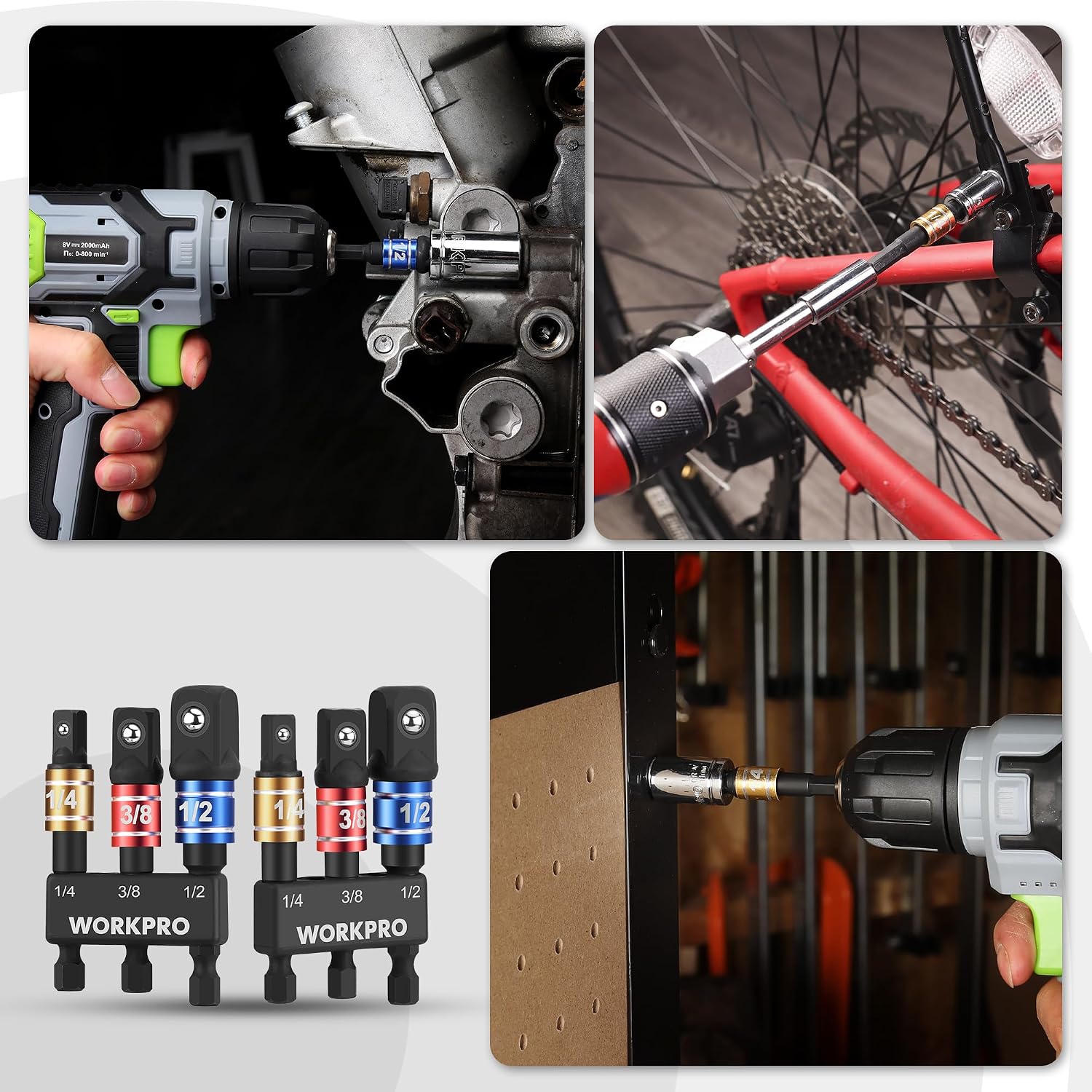 WORKPRO socket adapters with colored bands, shown mounted on power drill and driver tools