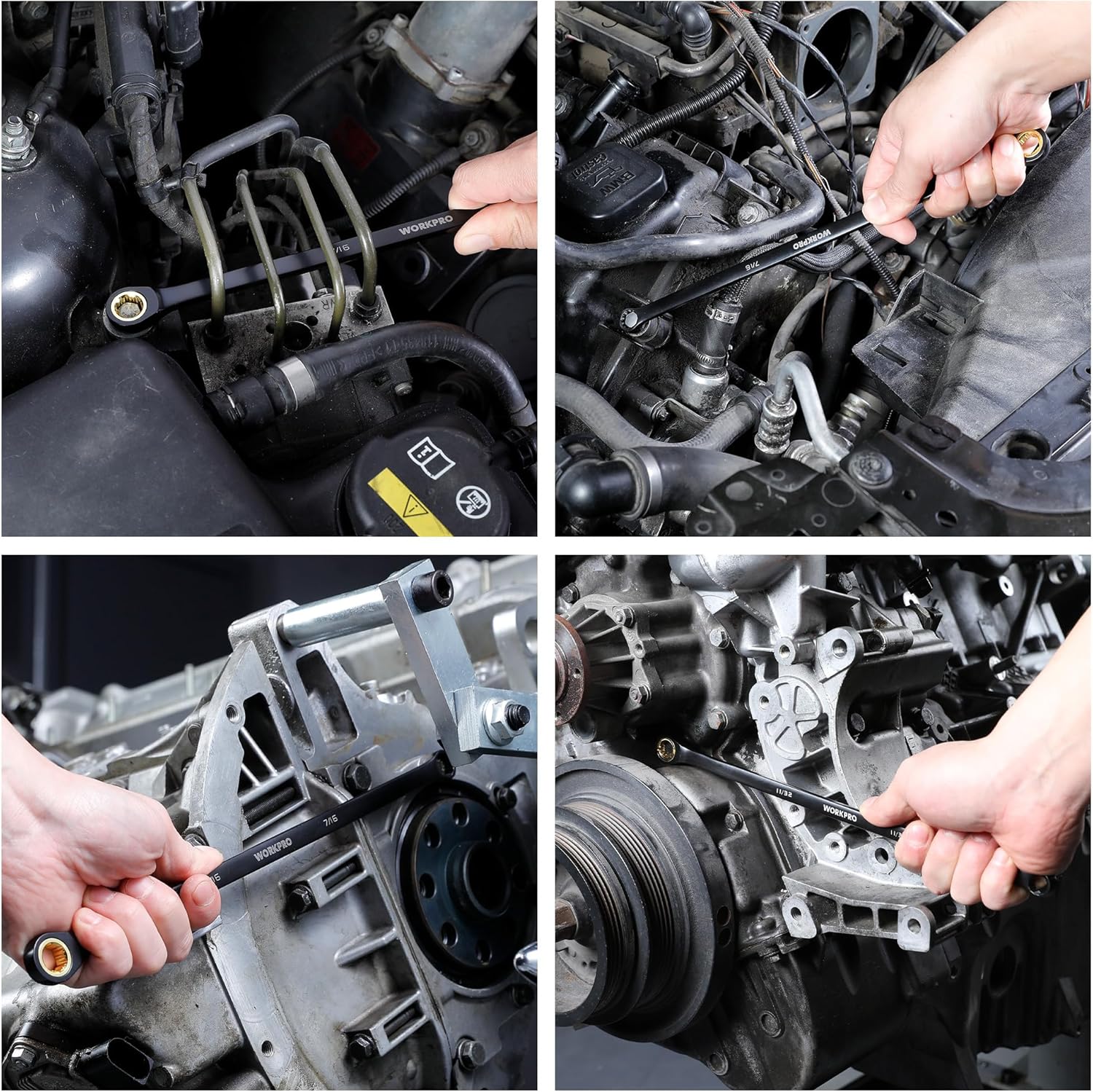 Ratchet double-box wrenches in an engine compartment, double ends for turning fasteners