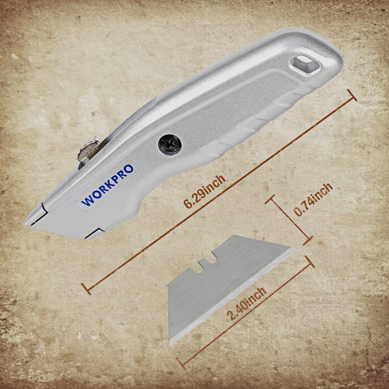 Retractable utility knife, silver body with blade size and spare blade insert shown