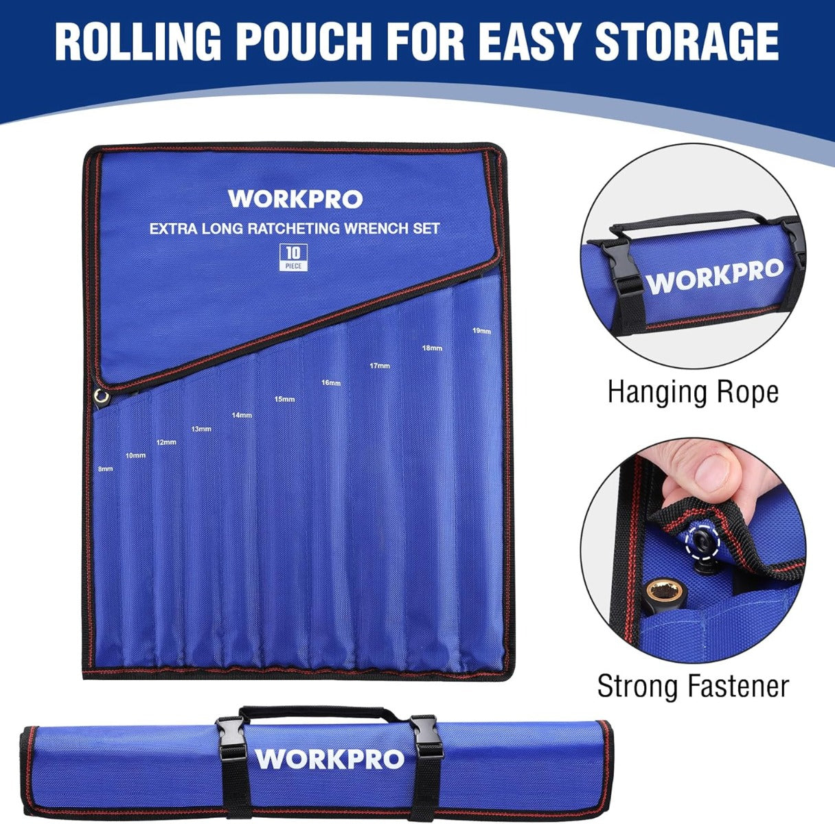 Rolling storage pouch for extra-long ratcheting wrench set, blue fabric with hanging strap