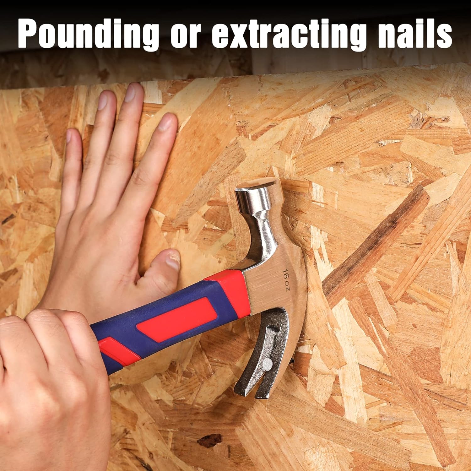 Claw hammer pounding or extracting nails from a wooden board, blue red handle
