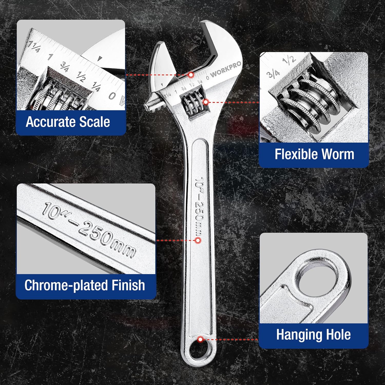 Adjustable wrench with engraved scale, chrome-plated finish, hanging hole