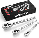 WORKPRO 3-Piece Ratchet Set, Quick Release Reversible, 72-Tooth, 1/4", 3/8", 1/2" Drive Ratchet Wrench, 5 Degree Swing, Chrome Alloy Made, Full Polished, EVA Storage