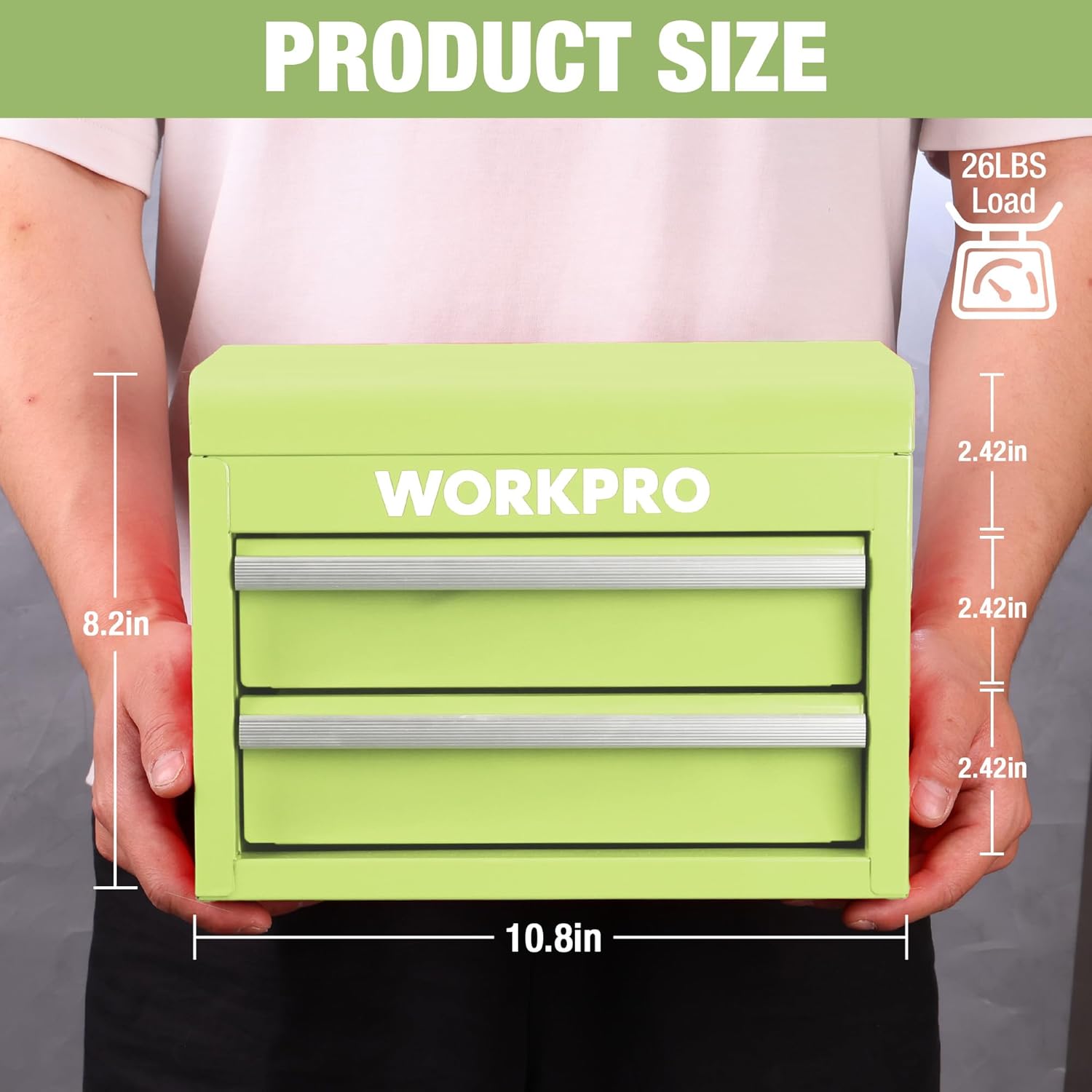 WORKPRO mini metal toolbox in macaron green, two-drawer top chest with drawer slides