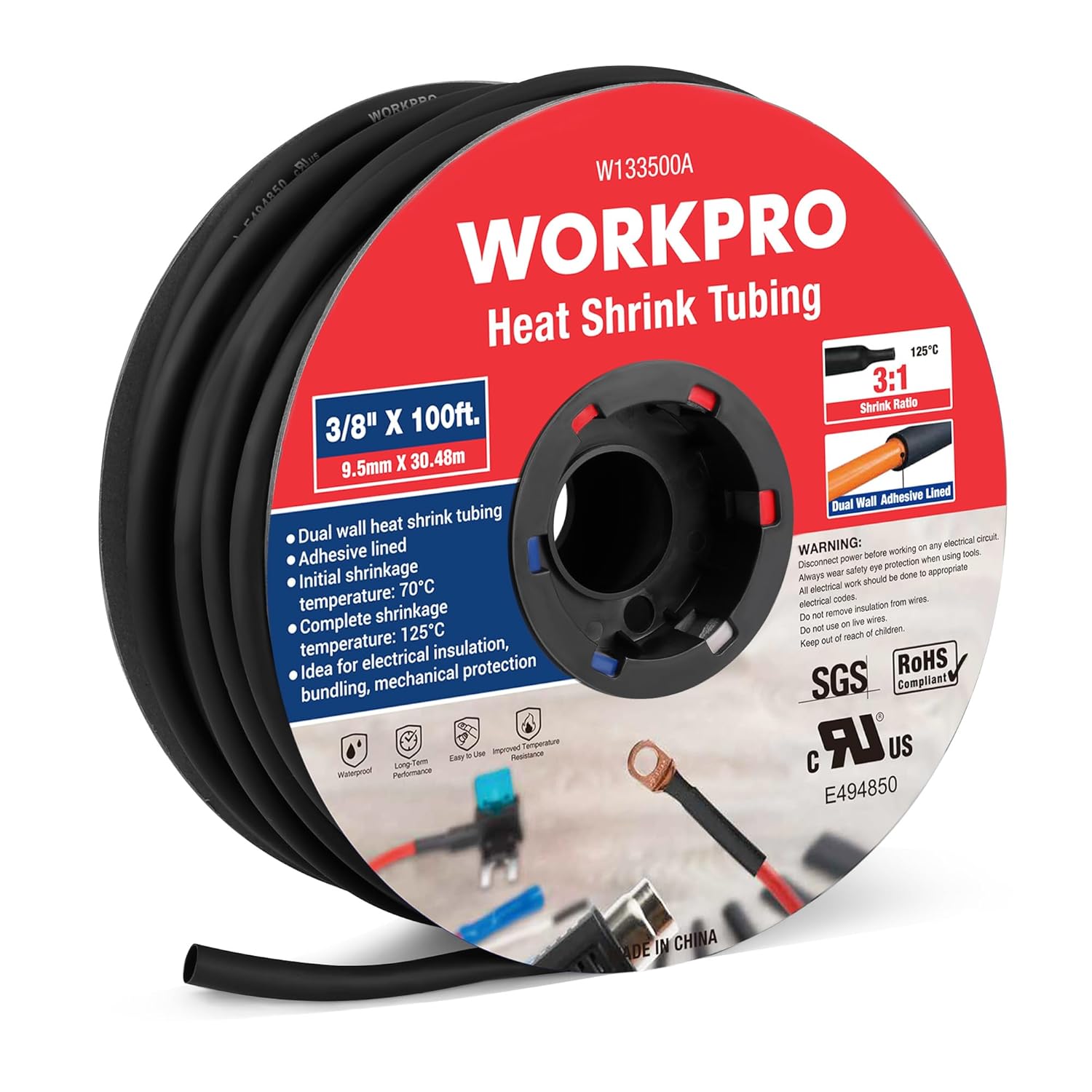Black dual-wall heat shrink tubing roll, 3/8 in x 100 ft, adhesive-lined 3:1 ratio.