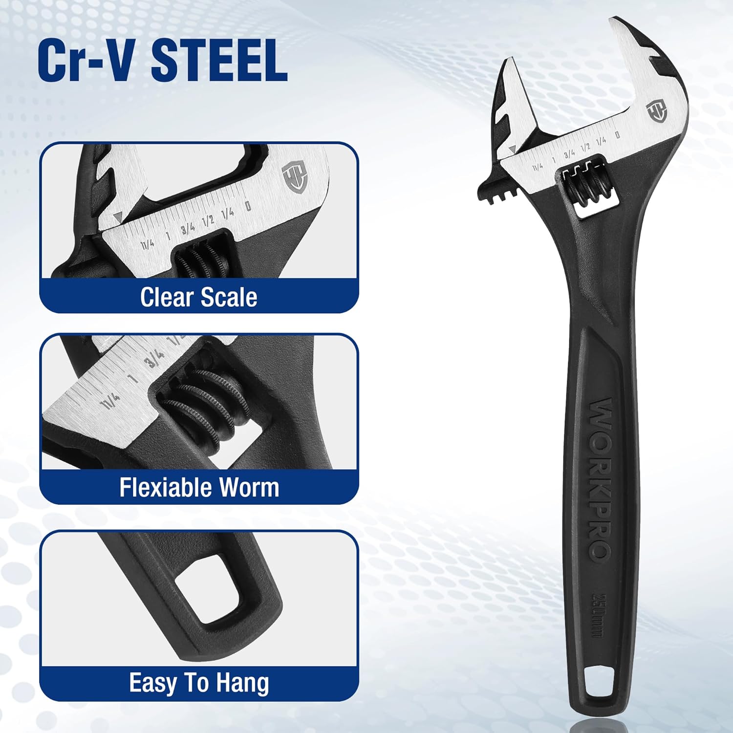 Black adjustable wrench with Cr-V steel jaws and worm gear adjustment