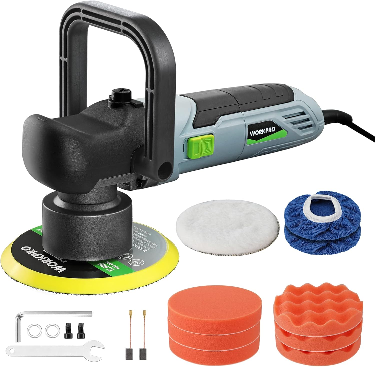 Car dual-action buffer polisher kit with yellow backing pad, polishing bonnets, foam pads and tools
