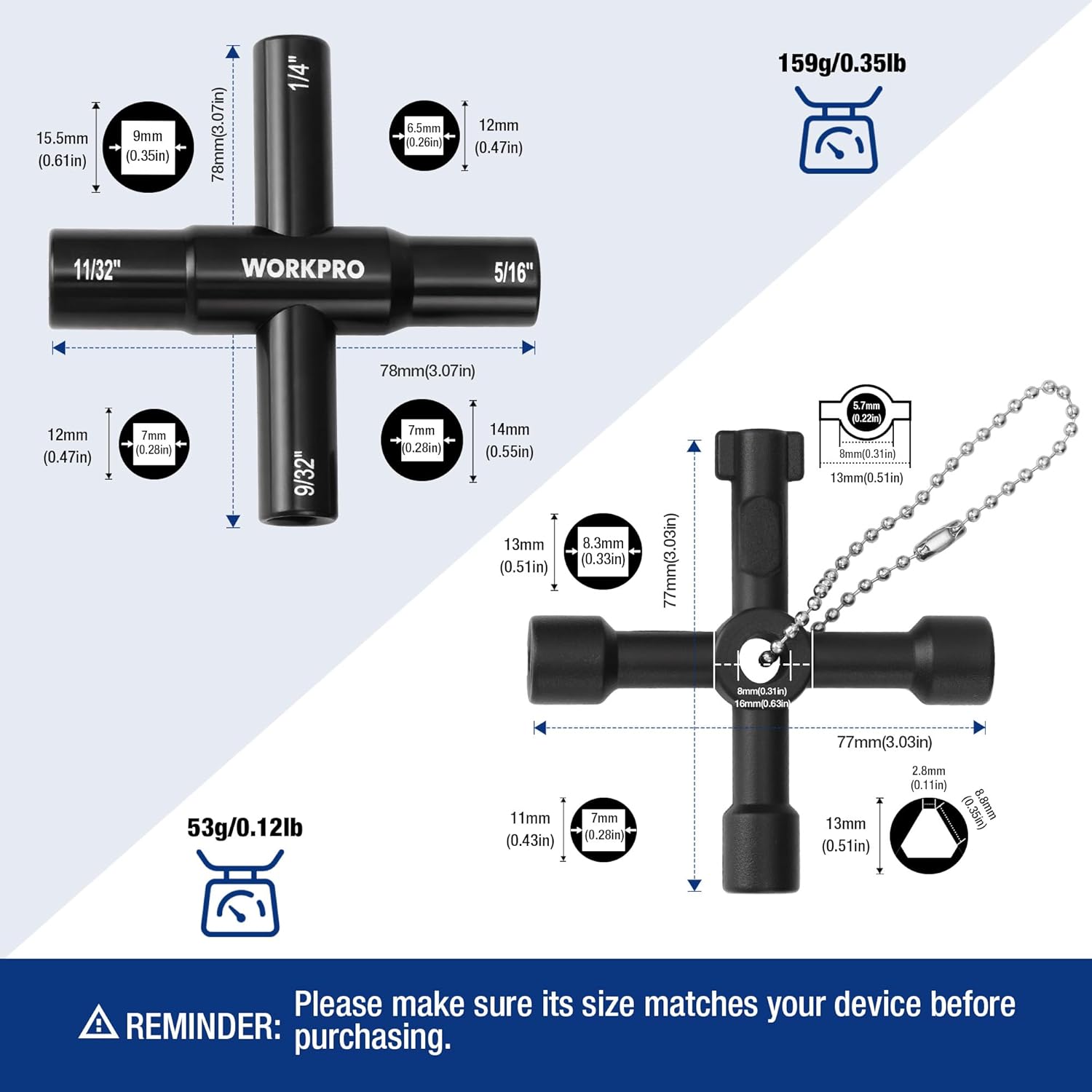WORKPRO black 4-way water valve key wrench with visible size markings and chain