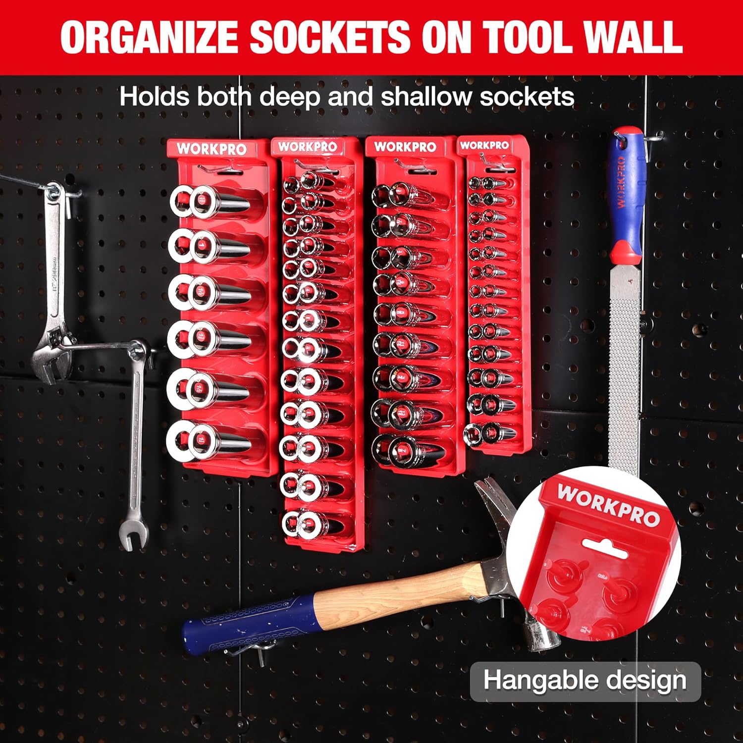 Red and gray hanging socket organizer rack holding chrome sockets on tool wall panels