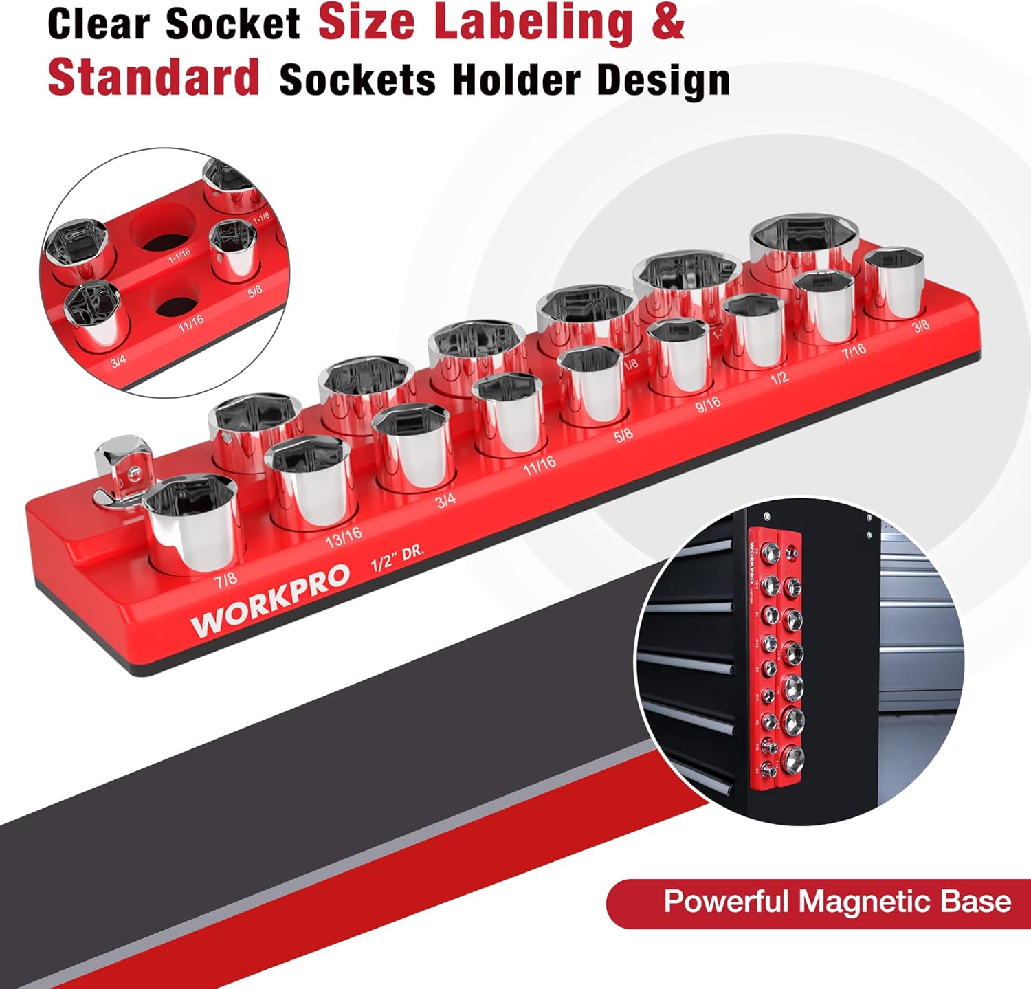 Red 1/2-inch drive magnetic socket organizer with size labeling and socket tray