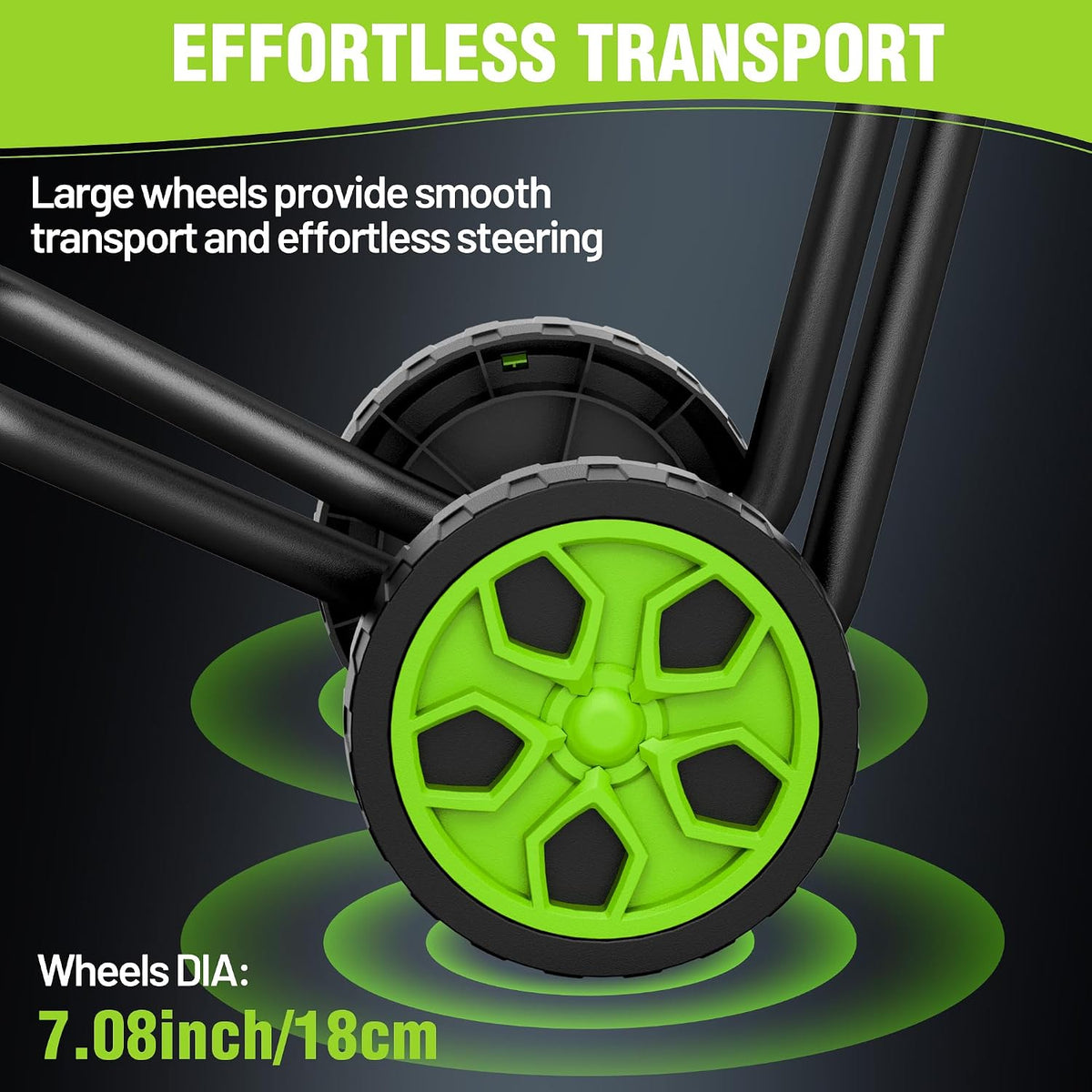 Electric wood chipper with large green wheels for easy transport and steering.